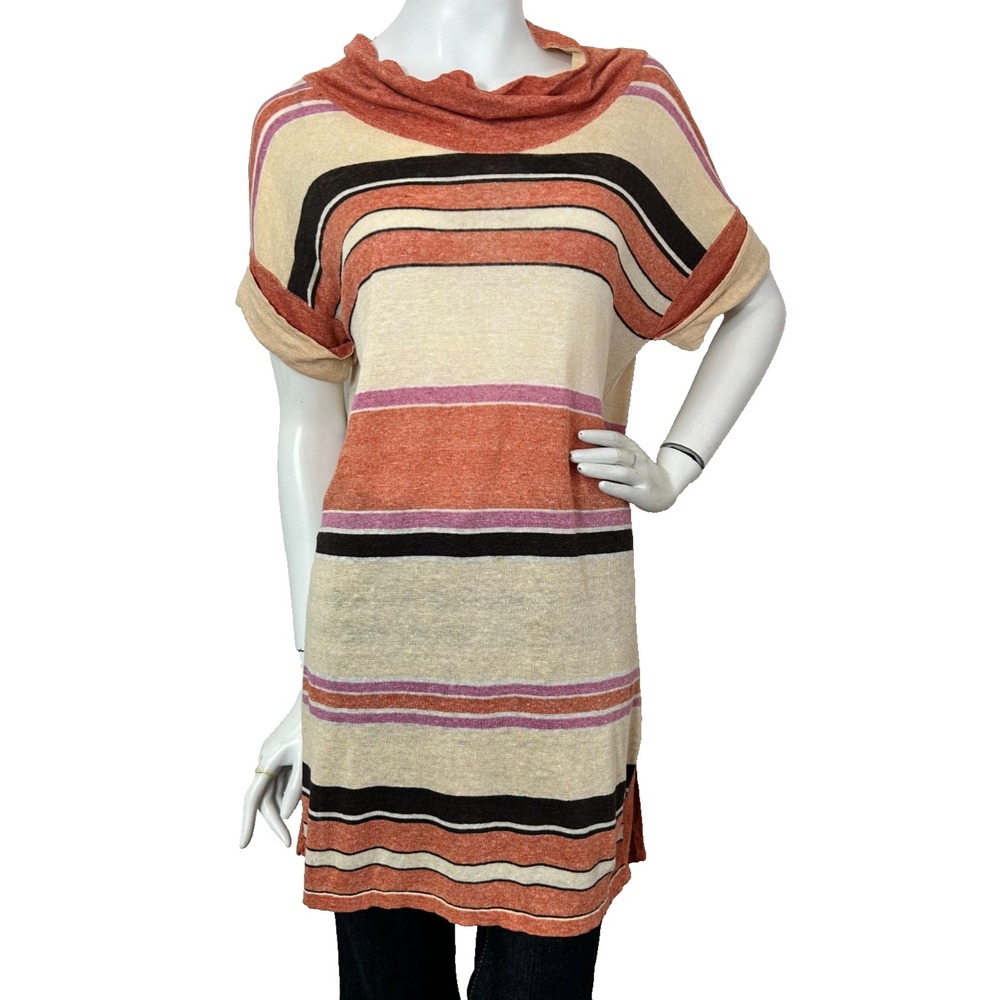 Max Mara Striped Linen Knit Funnel Tunic Sweater Pullover Top M Orange Pink VGUC